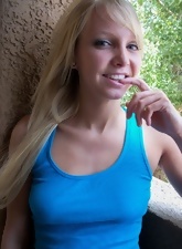 Teacher in blue takes panties aside spreading pussy lips outdoors