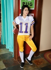 Wife dressed like football player undresses to show her bush and tits