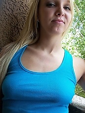 Teacher in blue takes panties aside spreading pussy lips outdoors