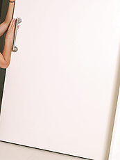 Curvy brunette babe solo tease with shaved pussy, tits out and booty out