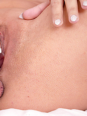 Milf nude blonde with natural tits and shaved pussy in spread pose solo toy play