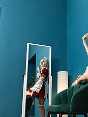 Maid babe naked with hairy pussy and natural tits in spread pose solo tease