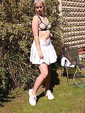 Mature nude outdoor solo tease with natural tits, trimmed bush and spread pose