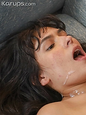 Naked brunette with shaved pussy and natural tits in intense blowjob and doggystyle