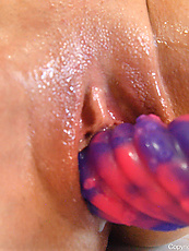 Milf nude spread pose solo tease with purple dildo juicy shaved pussy