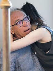 Mature gray-haired man enjoys raw blowjob from petite tits-out babe then wet cowgirl